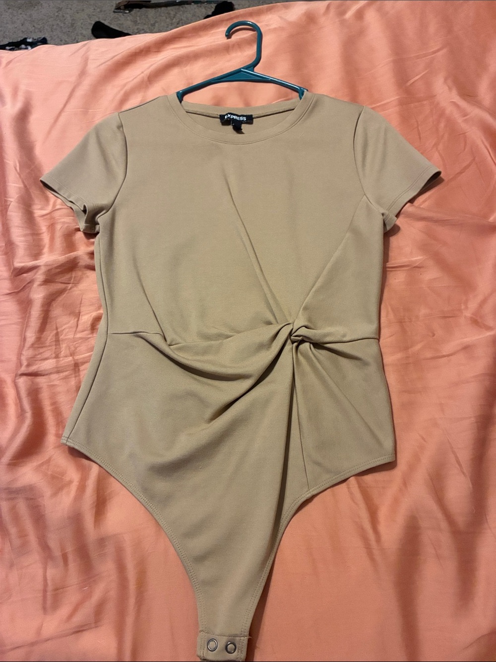 Express Beige Twist-Front Short Sleeve Bodysuit